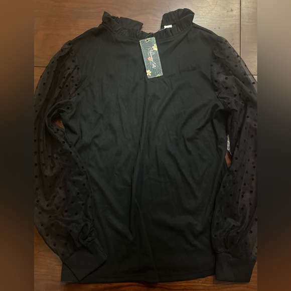 Blooming Jelly Mock Neck Tops Mesh Long Sleeve Shirts Polka Dot Ruffle Elegant - Picture 8 of 13